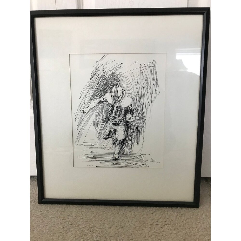 Vtg Framed Leo Kuschel signed "Kuschel 73" Football Player No. 39 Art Painting